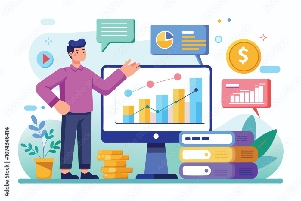 Poster a man gestures toward a computer screen illustrating financial data and analytical graphs while in a