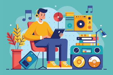 A man relaxes in a chair with headphones on, enjoying music while surrounded by vibrant audio gear, Flat illustration of a man sitting on a chair next to a music player.