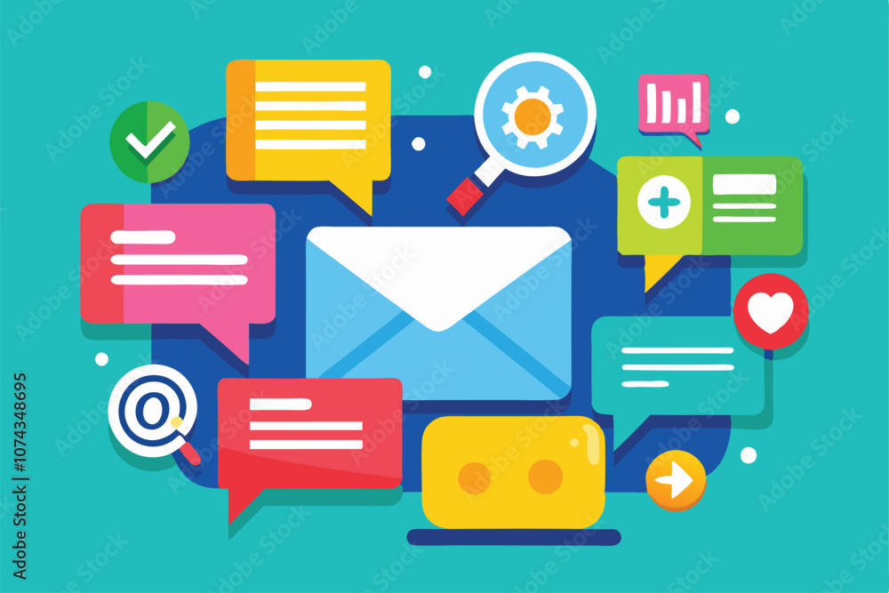 Poster colorful icons represent messages and notifications against a simple blue backdrop, conveying commun