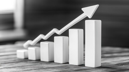 A monochrome bar graph depicting growth trends with an upward arrow.