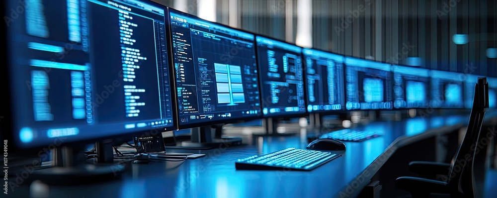 Poster Control room with multiple monitors displaying data in a dark environment