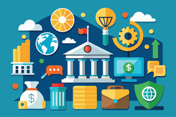 This illustration showcases a variety of banking icons including money, buildings, and tools essential for finance, Flat illustration of a set of banking icons.