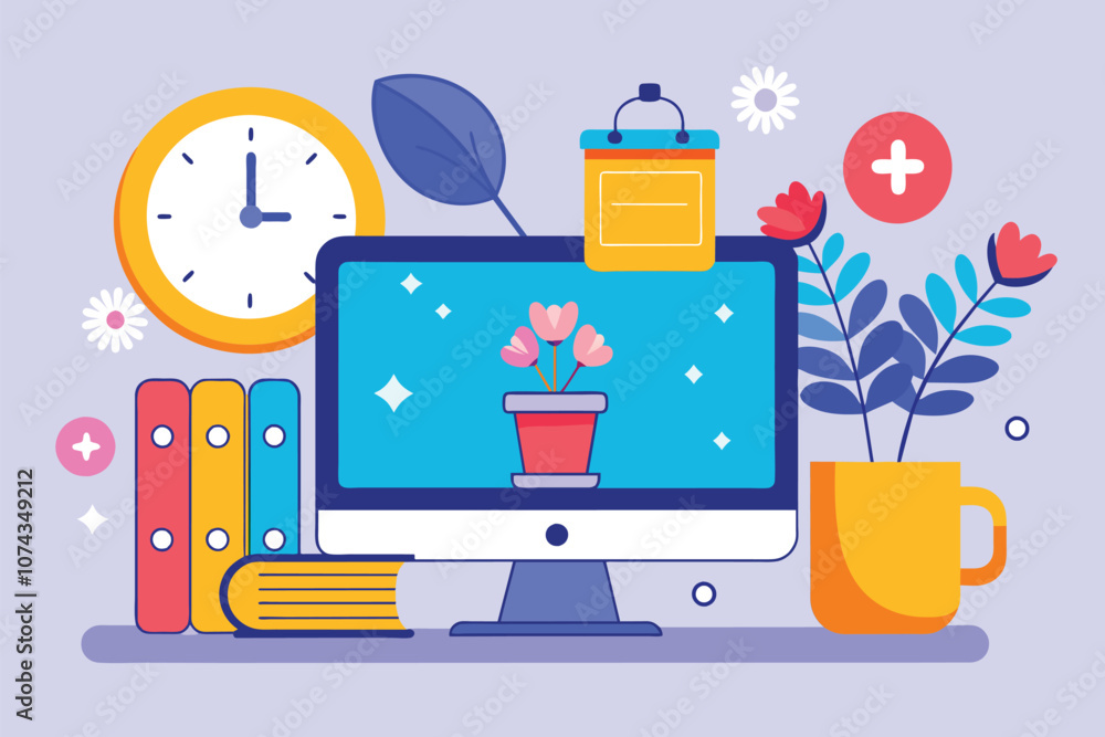 Aufkleber a vector computer setup featuring plants, a clock, books, and colorful icons in a creative workspace