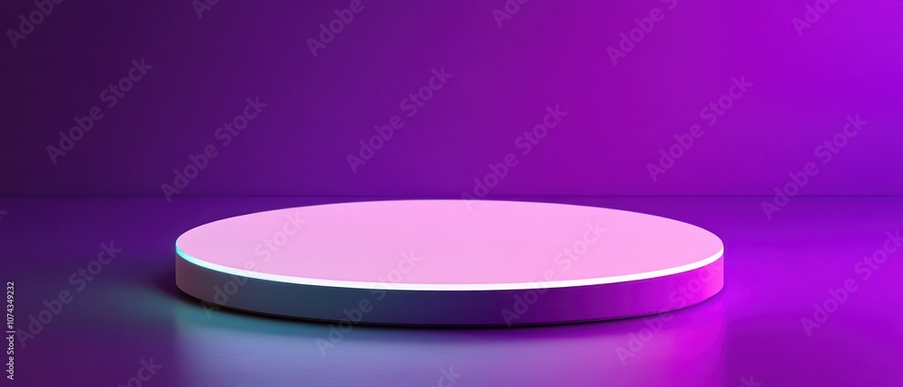 Aufkleber a minimalist circular platform illuminated with colorful lighting against a gradient background.