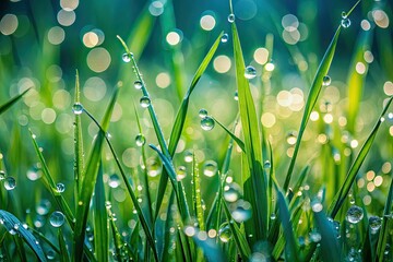 Fototapeta premium Long Exposure Close-Up of Grass with Dewdrops Capturing Nature's Serenity and Tranquility
