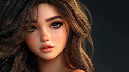 Fototapeta premium 3D Cartoon Portrait of a Beautiful Brunette Woman