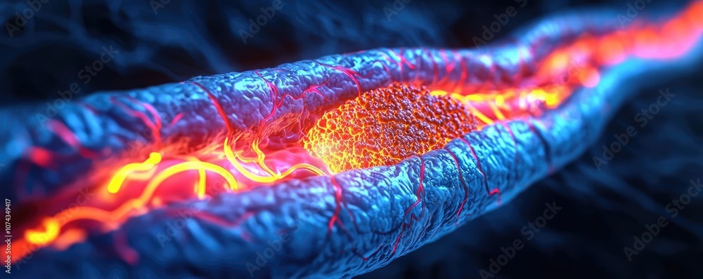 Poster Microscopic view of a vibrant cell with glowing structures, isolated on a dark background.