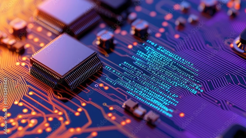 Poster close-up of a modern circuit board with intricate details and vibrant colors.