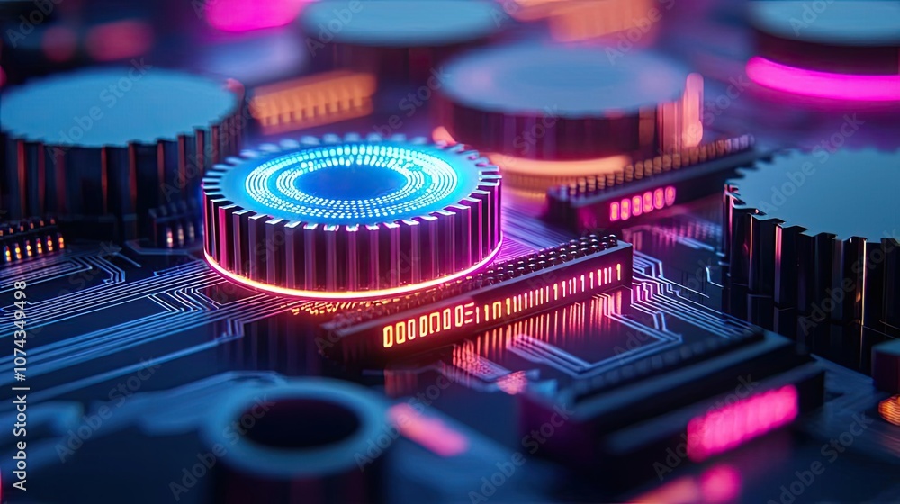 Poster close-up of a glowing circuit board with vibrant colored lights and intricate patterns.