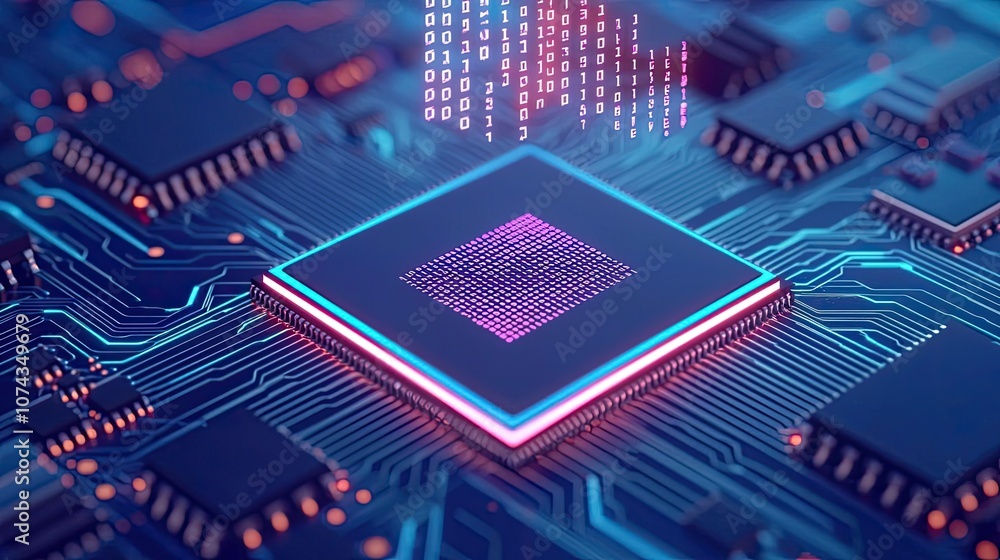 Aufkleber Close-up of a microchip with glowing circuit connections and binary data.
