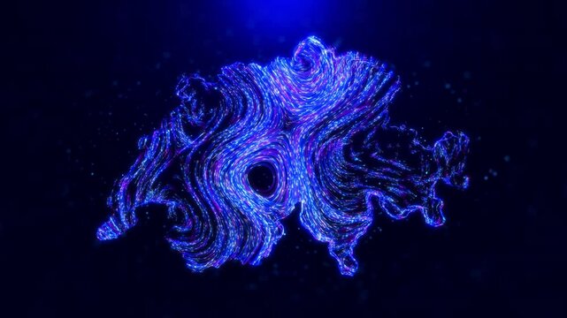Abstract motion view Switzerland map design, featuring glowing blue hairlines, dynamic flowing patterns, and scattered bokeh dot particles, creating a tech-inspired and modern digital aesthetic