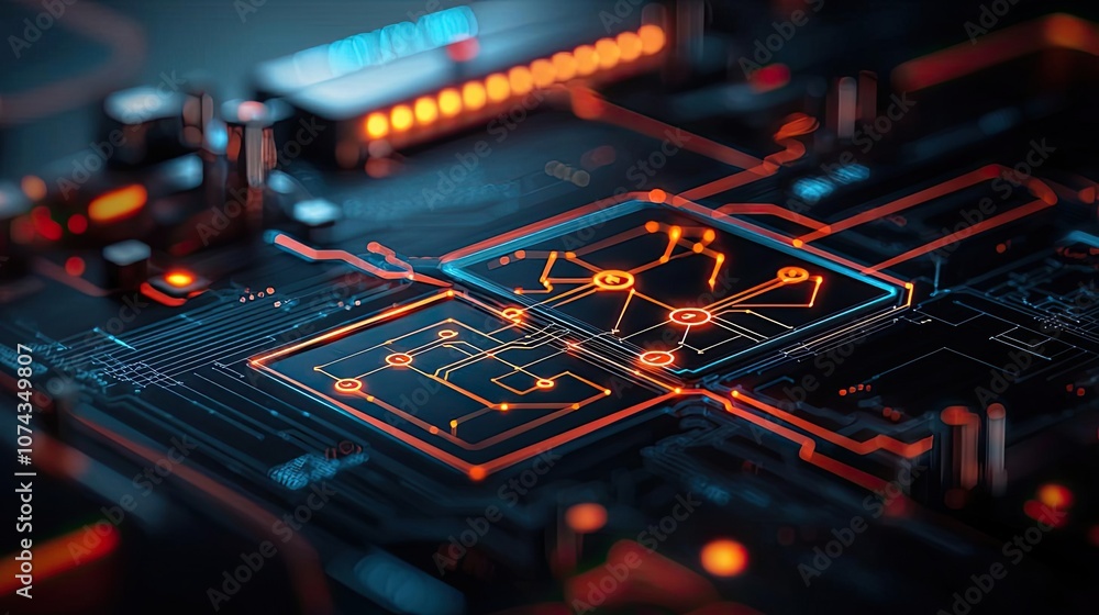 Poster Close-up view of an intricate circuit board with glowing circuitry.