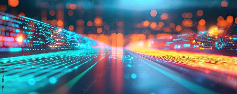 Poster speeding data flow with vibrant lights and digital elements, abstract design.
