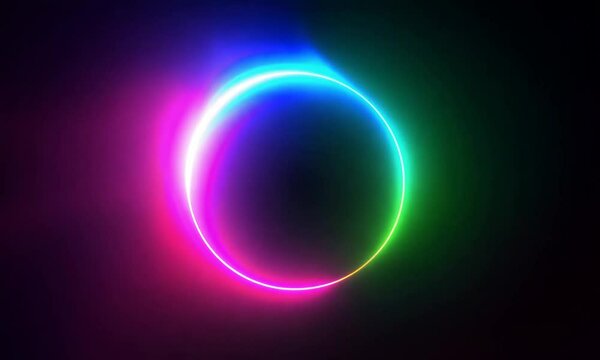 Abstract neon glowing rainbow circles motion graphics on black background. Generative AI
