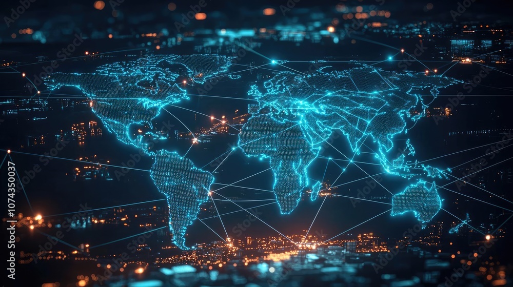 Poster global network connections represented by a digital world map.