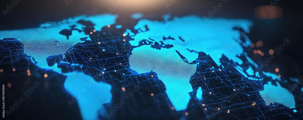 Aufkleber abstract world map with glowing network connections, dark background.