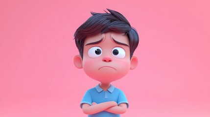 3D cartoon of a sad little boy in a blue shirt on a pink background