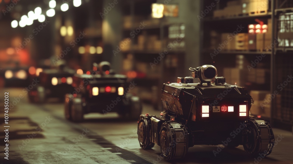 Poster modern delivery robots in action within warehouse