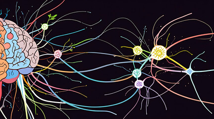 “Neurogenesis Representation” – An Illustration of a Brain with New Neural Pathways Forming and Little Growth Symbols Like Sprouts Representing New Neurons
