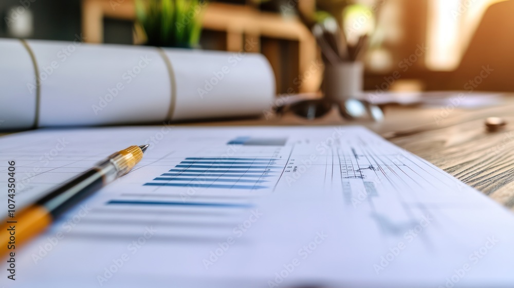 Poster a close-up of a document with graphs and a pen, suggesting business analysis or planning.