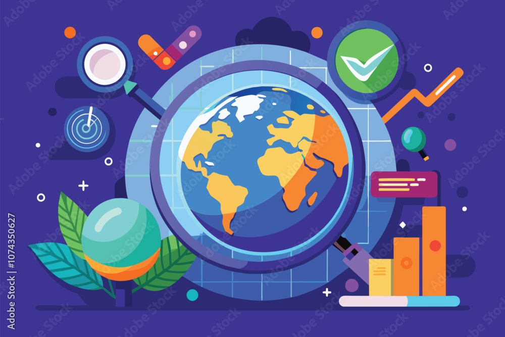 Poster this illustration showcases a stylized globe surrounded by data visualization elements and analysis 