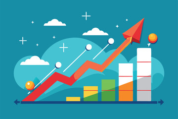 A colorful flat illustration displays upward trending data and growth through various graph elements, Flat illustration of trending data towards success.