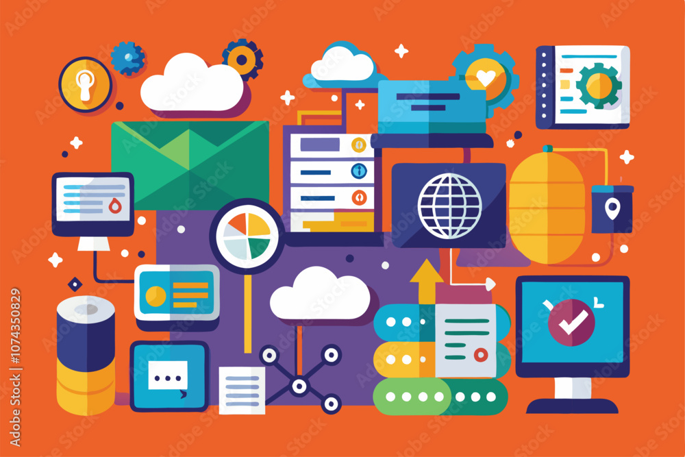 Poster this collection features vibrant icons illustrating concepts of data storage, analysis, and connecti