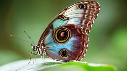 Naklejka premium Graceful Blue Morpho Butterfly Resting on a Leaf