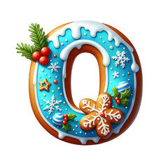 Christmas themed uppercase letter O with gingerbread cookie isolated on white background.