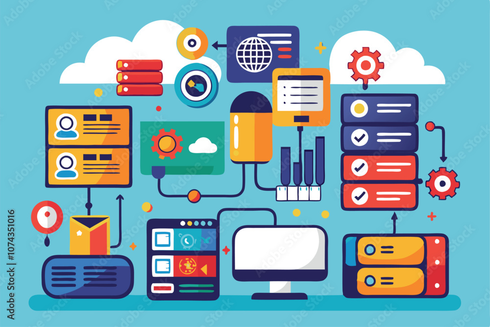 Poster colorful icons depict elements of data storage, cloud computing, and information management tools, f