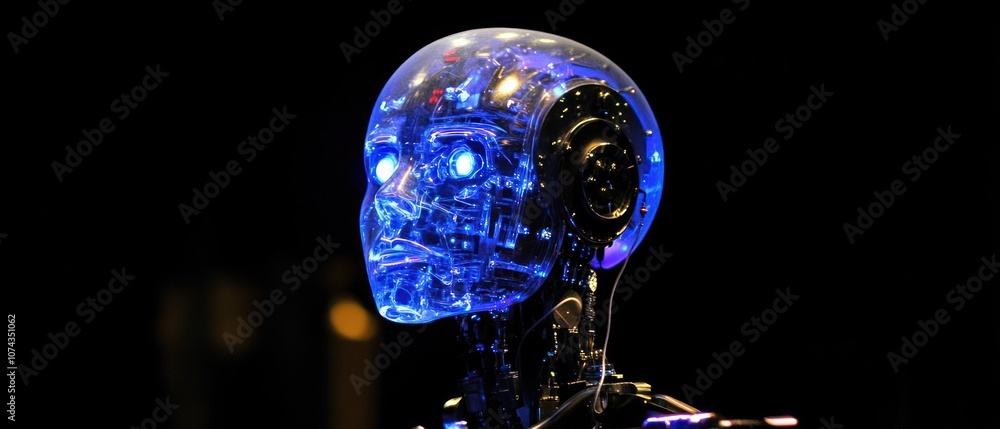 Poster a futuristic robot head with blue lights and visible circuitry, representing advanced technology.
