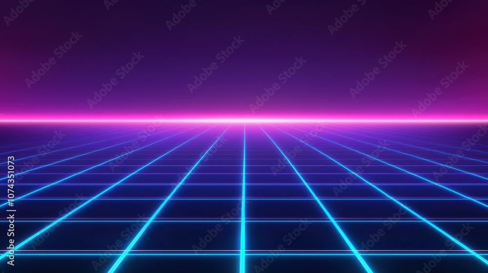 Poster futuristic neon grid landscape with matrix points in a dark environment perfect for digital art and 
