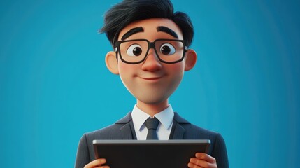 Asian young businessman focused on a digital tablet engaging in online communication against a blue backdrop