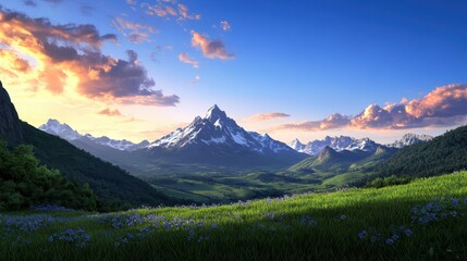 Explore the majestic beauty of snow-capped mountains and lush green valleys beneath a vibrant sky