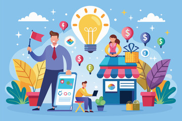 Dynamic concepts for expanding franchise businesses illustrated with engaging visuals and symbols of innovation, Franchise business growth and expansion ideas, illustrated in a flat concept.