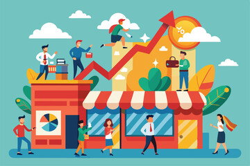 Business team collaborates on strategies for scaling franchise marketing efforts in a lively environment, Franchise business scale and expand marketing with flat illustration.