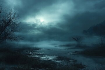 Fototapeta premium Dark foggy landscape sky scenery nature.