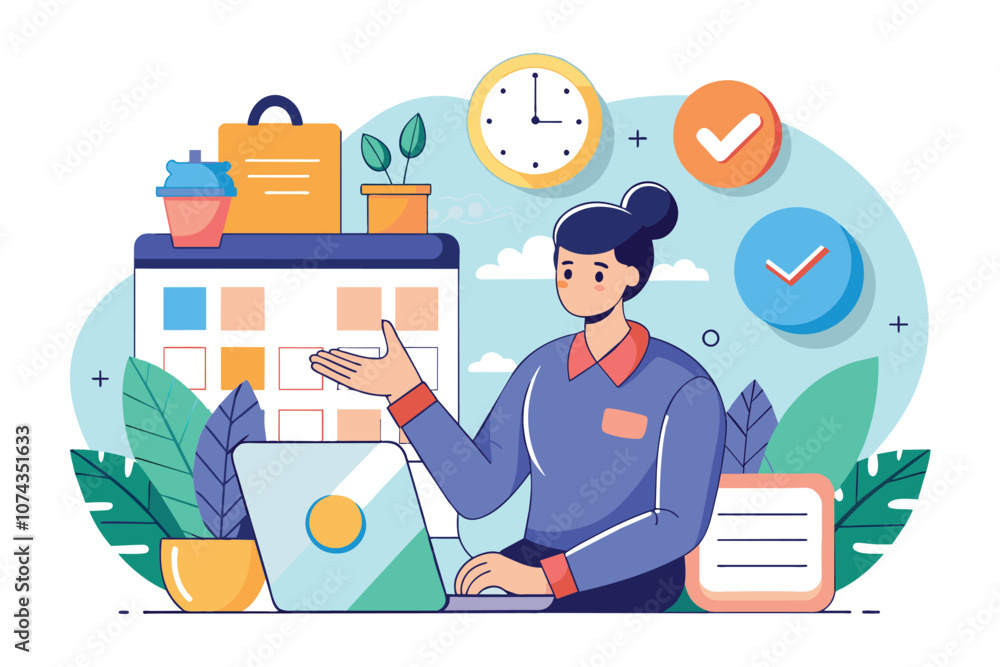 Poster a professional freelancer focuses on work while managing tasks with a calendar and clock in the back