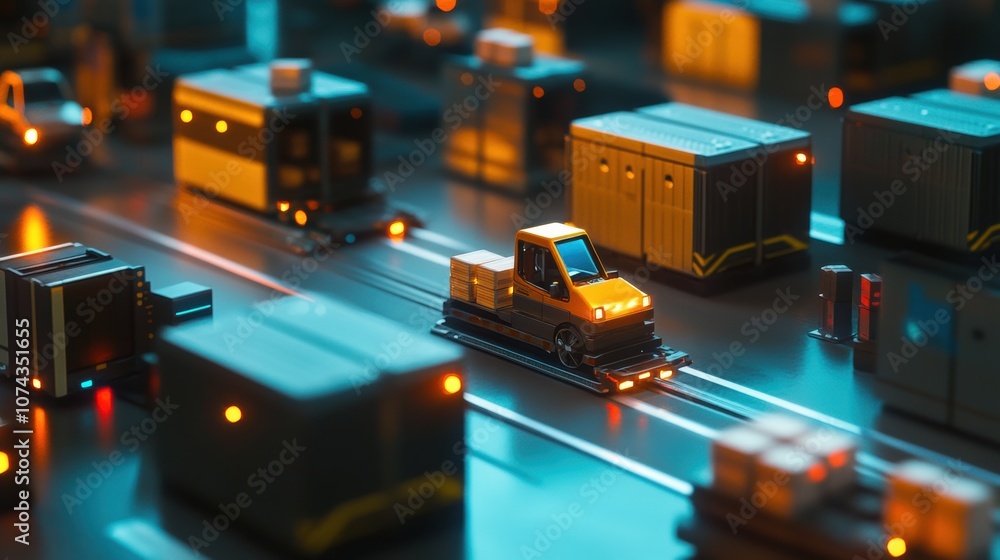 Poster high-tech logistics center with operating robots