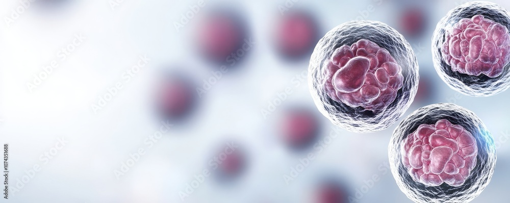 Poster abstract representation of biological cells, showcasing cellular structures and details, emphasizing