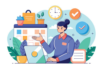 A professional freelancer focuses on work while managing tasks with a calendar and clock in the background, Freelancer with calendar clock background, simple illustration.