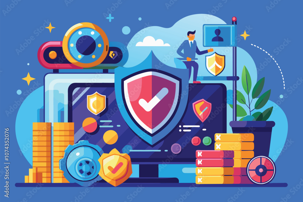 Poster a visual representation showcasing various elements that symbolize game security performance and dig