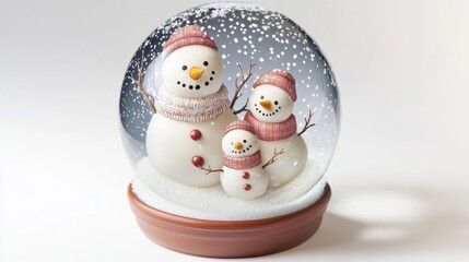 Fototapeta premium Cheerful Snowman Family inside Snow Globe with Falling Snowflakes Capturing a Joyful Winter Scene Perfect for Holiday Celebrations and Festive Decorations