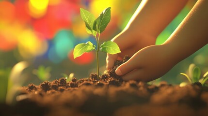 3D Cartoon Scene of Earth Day Child s Hands Planting a Seedling in Soil with Colorful Blurred Backgrounds Celebrating Organic Gardening and Ecology