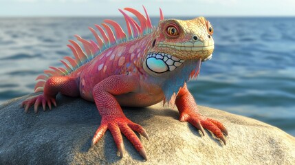 Colorful 3D Cartoon Iguana Basking on a Rock