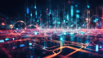 Obraz premium Abstract digital landscape with vibrant lines and glowing elements representing technology.