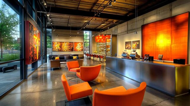 Modern Office Lounge with Bold Orange Accent Wall and Sleek Furnishings