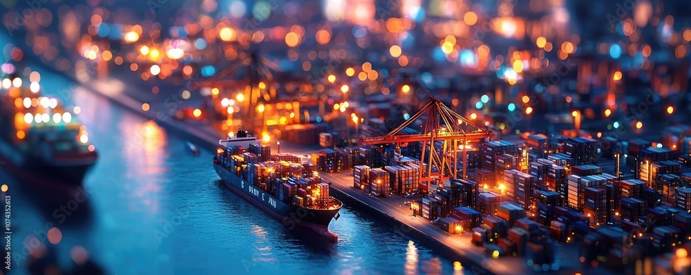 Poster night view of a busy port with illuminated ships and cargo containers.