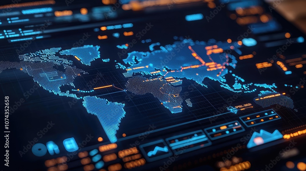 Leinwandbilder Global map on a digital interface with interactive elements and vibrant colors.