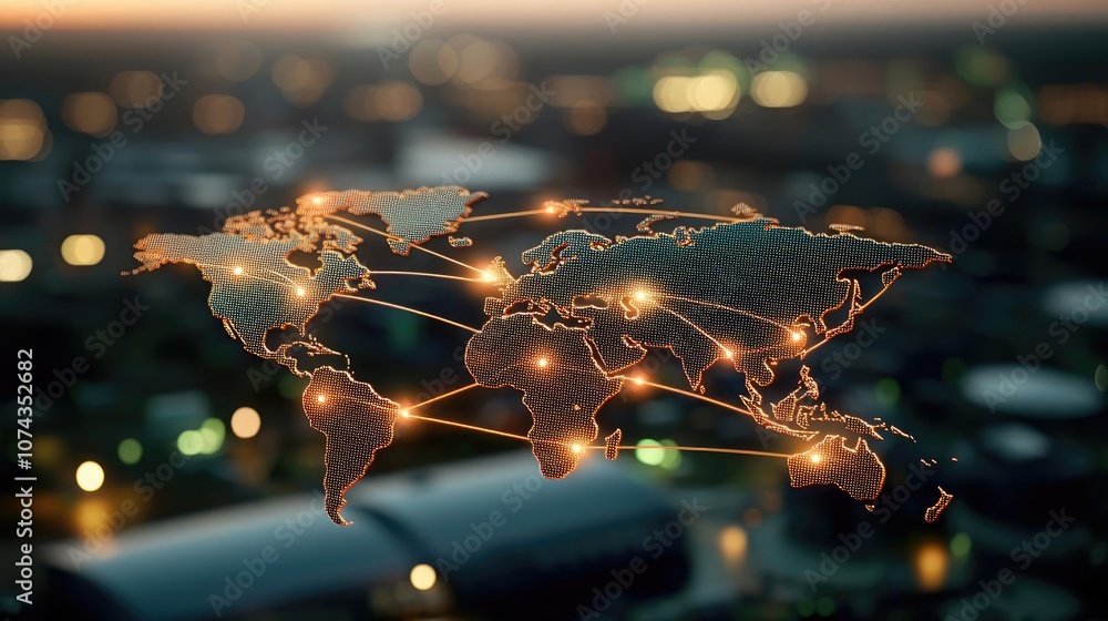 Poster world map with glowing network connections on a blurred city background.